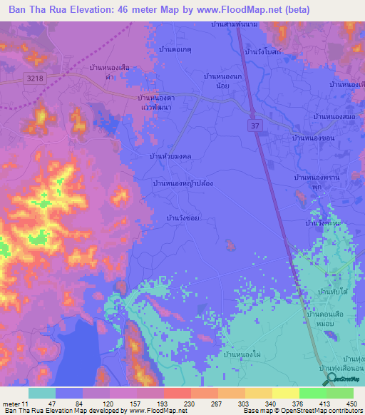 Ban Tha Rua,Thailand Elevation Map