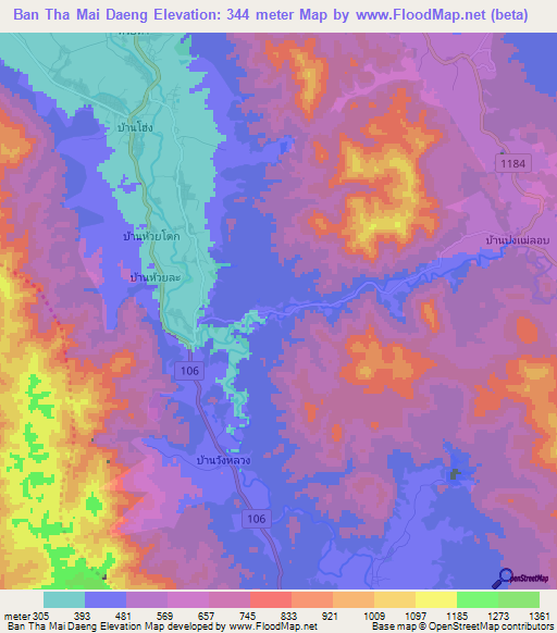Ban Tha Mai Daeng,Thailand Elevation Map