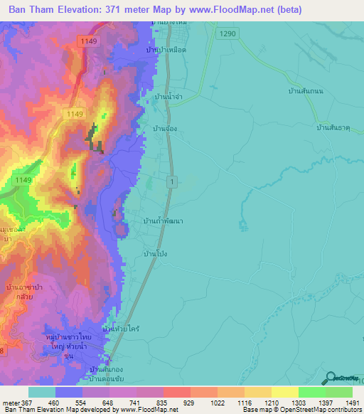 Ban Tham,Thailand Elevation Map