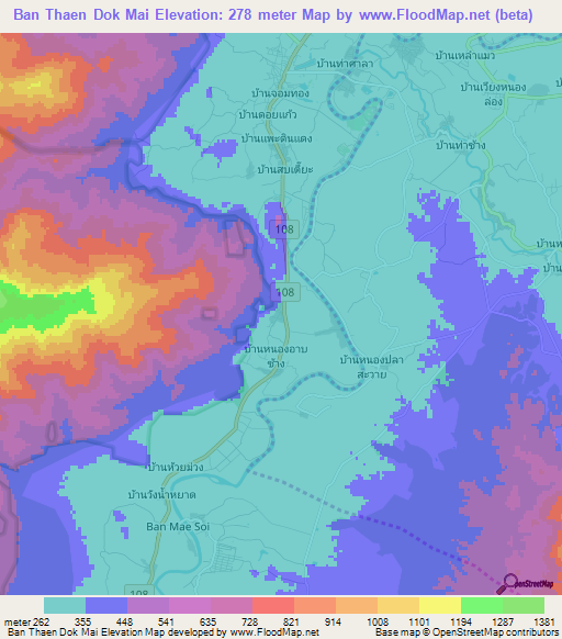 Ban Thaen Dok Mai,Thailand Elevation Map