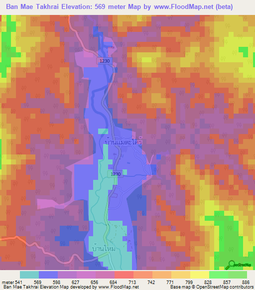 Ban Mae Takhrai,Thailand Elevation Map