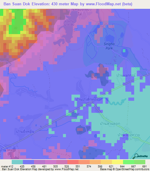 Ban Suan Dok,Thailand Elevation Map