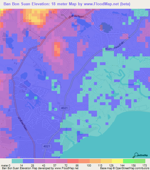 Ban Bon Suan,Thailand Elevation Map