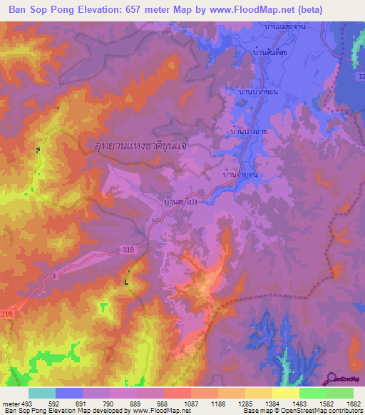 Ban Sop Pong,Thailand Elevation Map