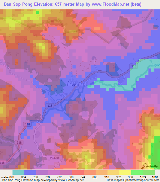 Ban Sop Pong,Thailand Elevation Map