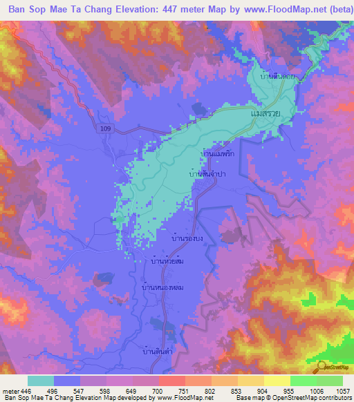 Ban Sop Mae Ta Chang,Thailand Elevation Map