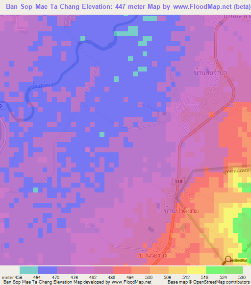 Ban Sop Mae Ta Chang,Thailand Elevation Map