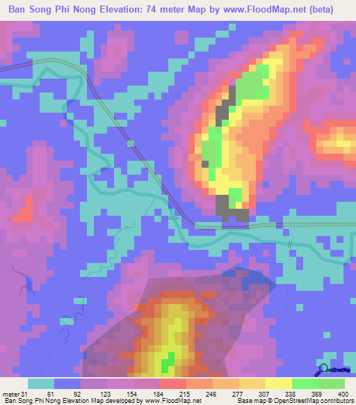 Ban Song Phi Nong,Thailand Elevation Map