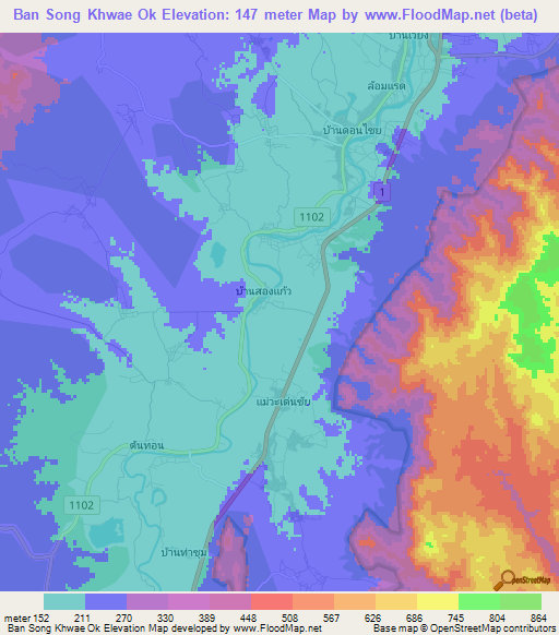 Ban Song Khwae Ok,Thailand Elevation Map