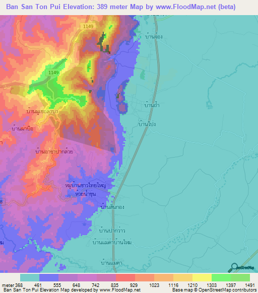 Ban San Ton Pui,Thailand Elevation Map