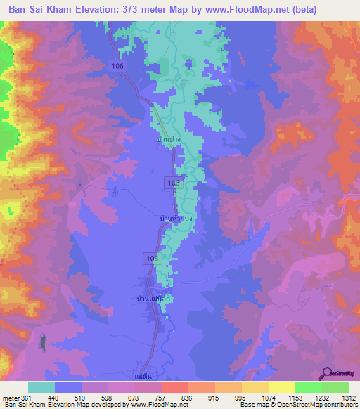 Ban Sai Kham,Thailand Elevation Map