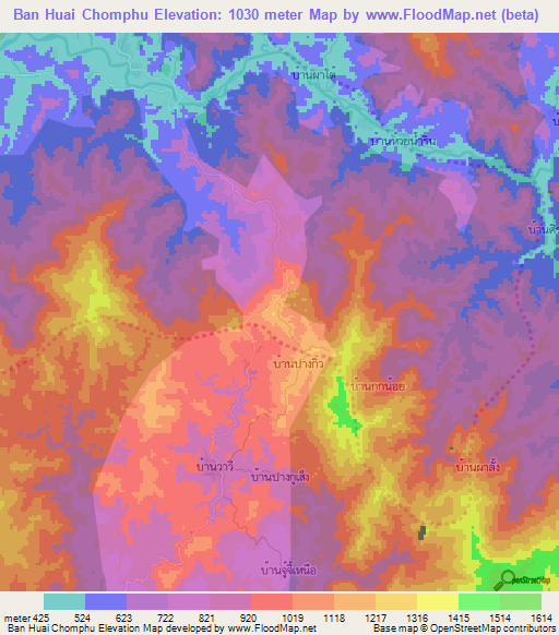 Ban Huai Chomphu,Thailand Elevation Map