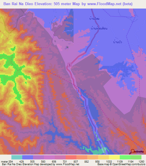 Ban Rai Na Dieo,Thailand Elevation Map