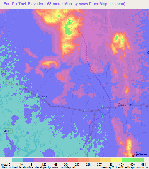 Ban Pu Toei,Thailand Elevation Map