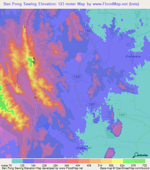 Ban Pong Sawing,Thailand Elevation Map