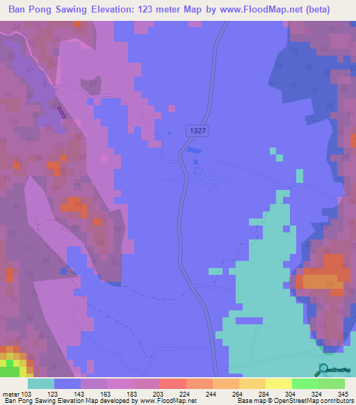 Ban Pong Sawing,Thailand Elevation Map