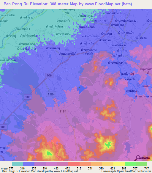 Ban Pong Ru,Thailand Elevation Map