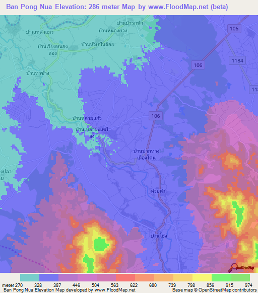 Ban Pong Nua,Thailand Elevation Map