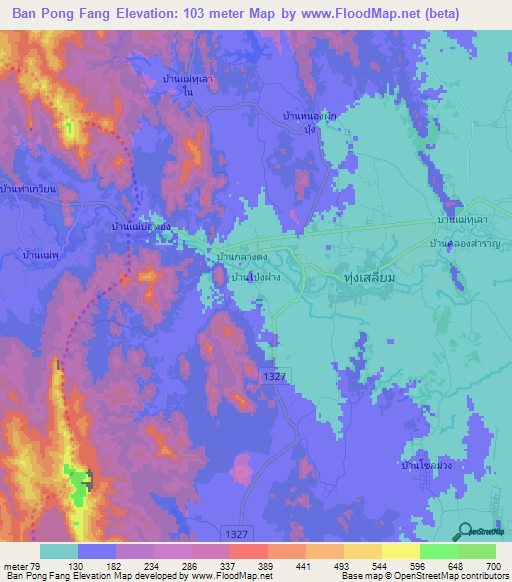 Ban Pong Fang,Thailand Elevation Map