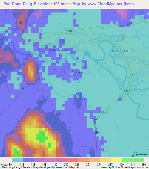 Ban Pong Fang,Thailand Elevation Map