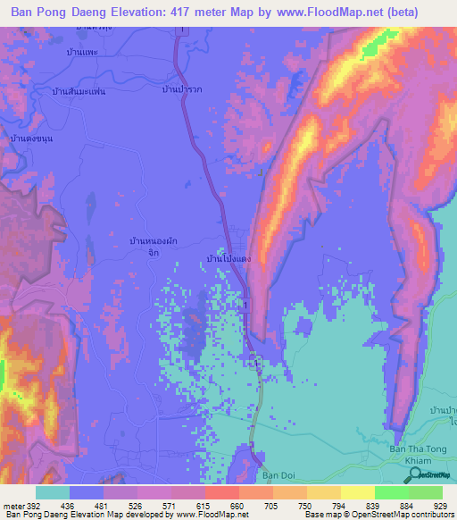 Ban Pong Daeng,Thailand Elevation Map