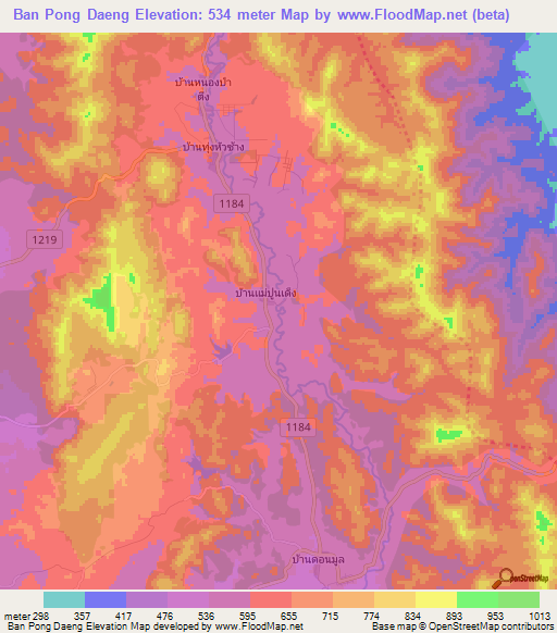Ban Pong Daeng,Thailand Elevation Map