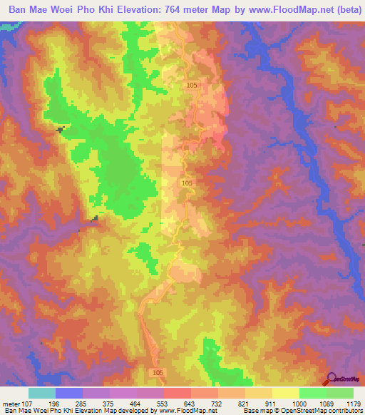 Ban Mae Woei Pho Khi,Thailand Elevation Map