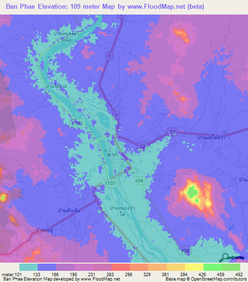 Ban Phae,Thailand Elevation Map