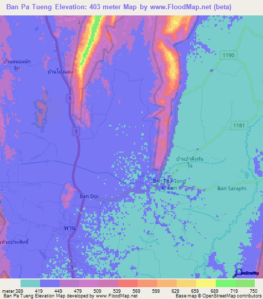 Ban Pa Tueng,Thailand Elevation Map