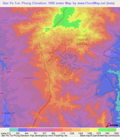 Ban Pa Ton Phung,Thailand Elevation Map