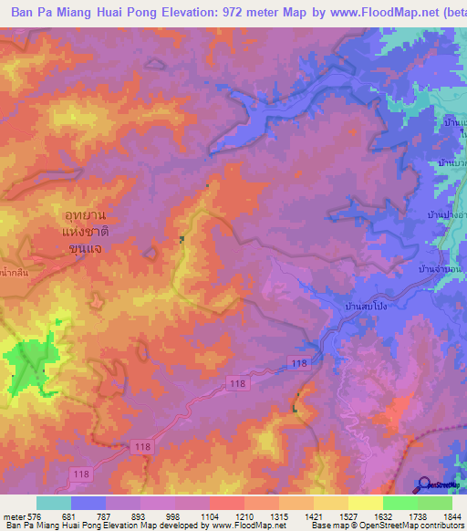 Ban Pa Miang Huai Pong,Thailand Elevation Map