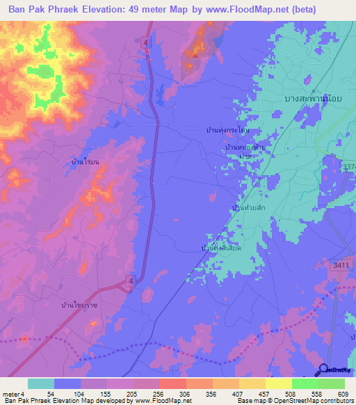 Ban Pak Phraek,Thailand Elevation Map