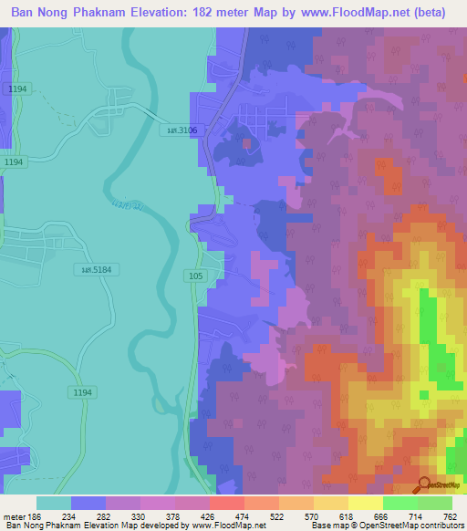 Ban Nong Phaknam,Thailand Elevation Map