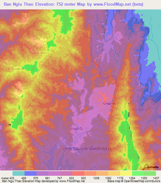 Ban Ngiu Thao,Thailand Elevation Map