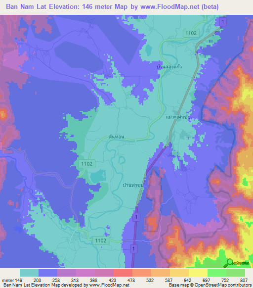 Ban Nam Lat,Thailand Elevation Map