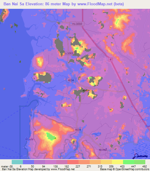 Ban Nai Sa,Thailand Elevation Map