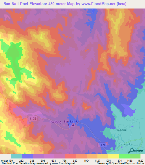 Ban Na I Poei,Thailand Elevation Map