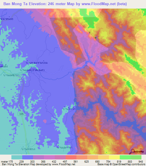 Ban Mong Ta,Thailand Elevation Map