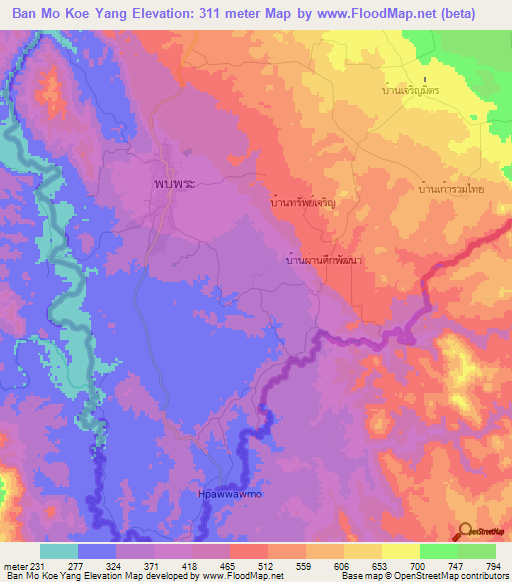 Ban Mo Koe Yang,Thailand Elevation Map