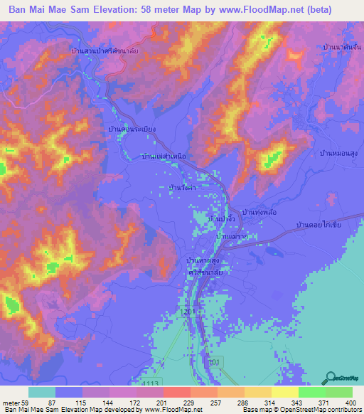 Ban Mai Mae Sam,Thailand Elevation Map