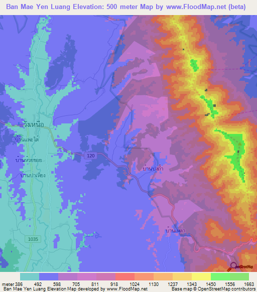 Ban Mae Yen Luang,Thailand Elevation Map