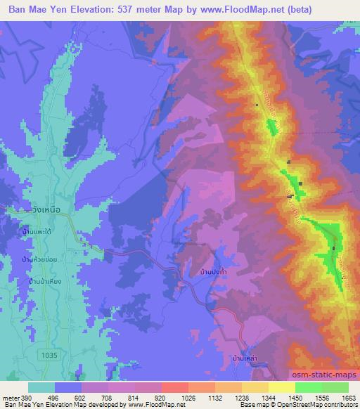 Ban Mae Yen,Thailand Elevation Map