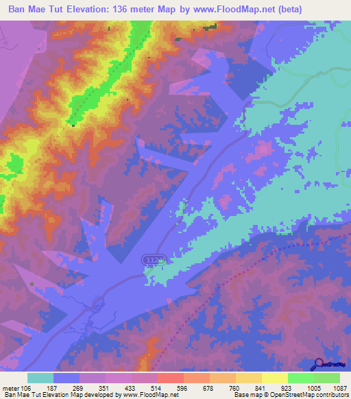 Ban Mae Tut,Thailand Elevation Map