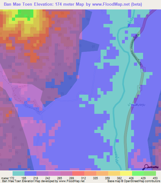 Ban Mae Toen,Thailand Elevation Map