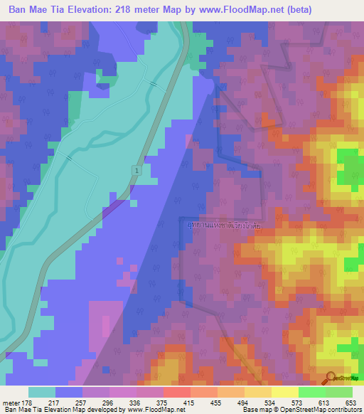 Ban Mae Tia,Thailand Elevation Map