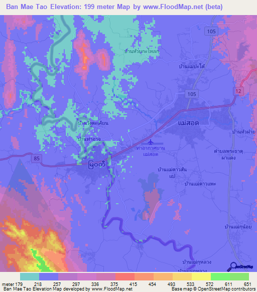 Ban Mae Tao,Thailand Elevation Map