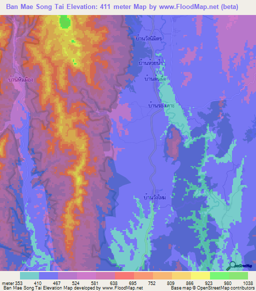 Ban Mae Song Tai,Thailand Elevation Map
