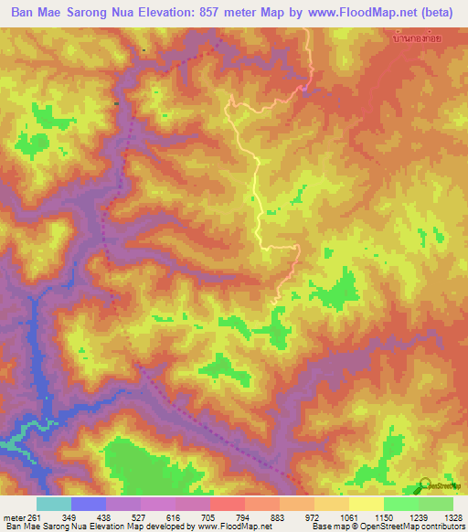 Ban Mae Sarong Nua,Thailand Elevation Map