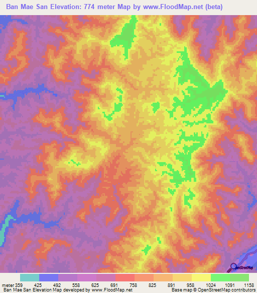 Ban Mae San,Thailand Elevation Map