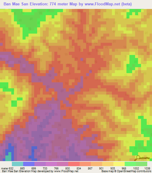 Ban Mae San,Thailand Elevation Map